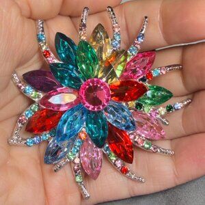 Flower Brooch Rhinestone Multicolor Crystal Cluster Pin 2.5"